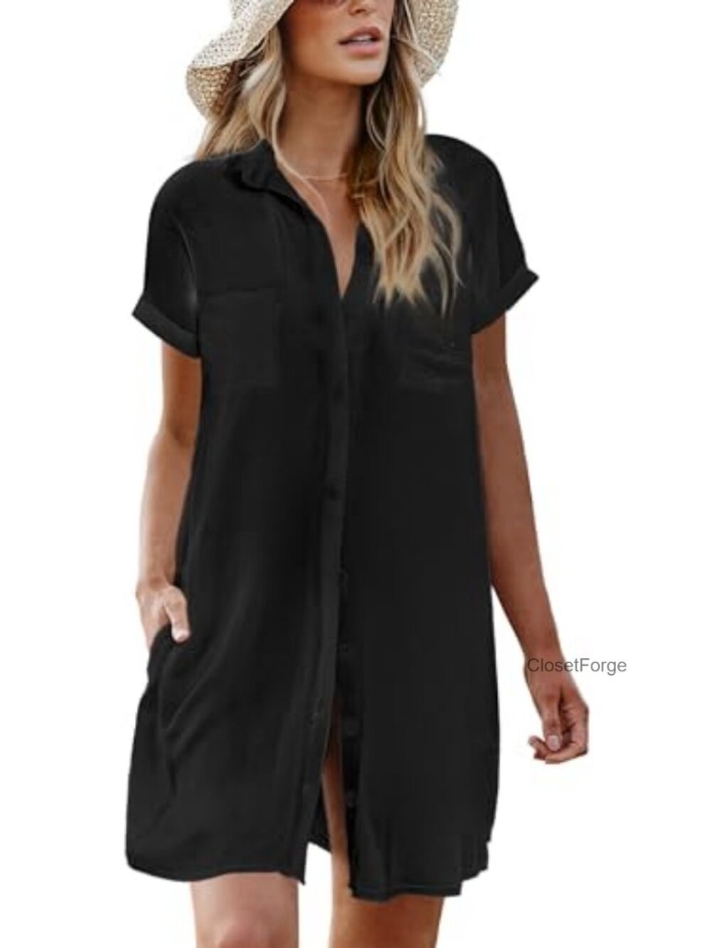 Womens Beach Cover Up Shirt Dress Button Down Short Sleeve with Pockets S-XXL